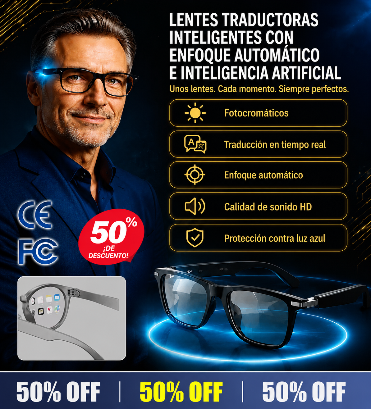 Gafas inteligentes SL con zoom, cambio de color y traducción AI en tiempo real
